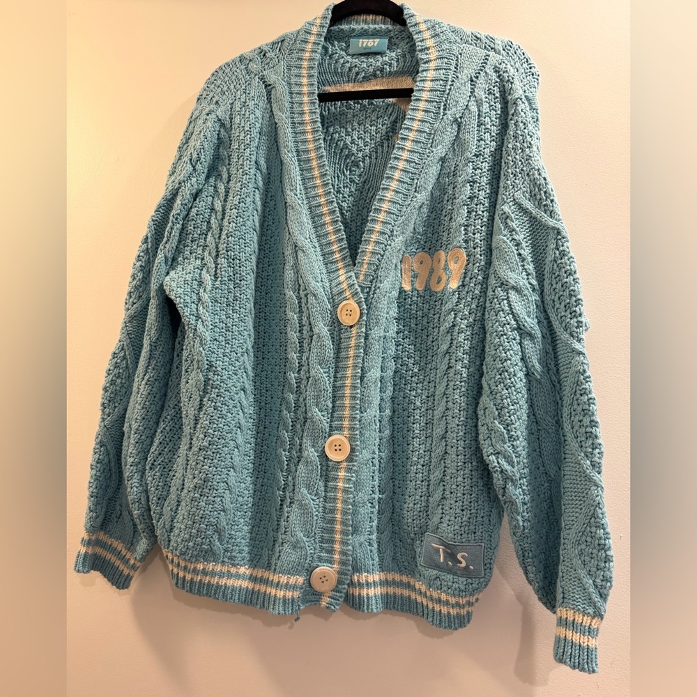 Taylor Swift Aqua Cable Knit Cardigan with Embroidered 1989